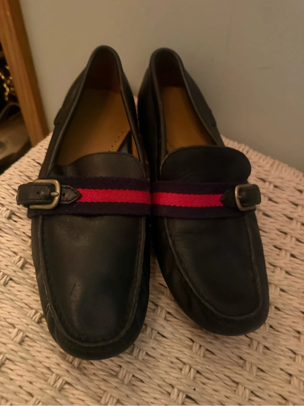 Polo Ralph Lauren Black Leather Loafers with Red Stripe size 10 men’s